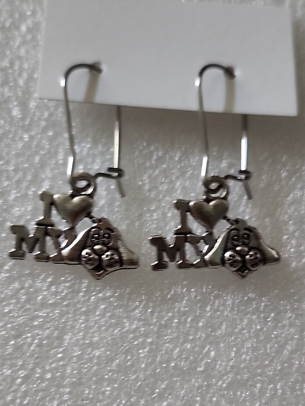 Hand Crafted Silver Tone I Heart My Dog Dangle Earrings